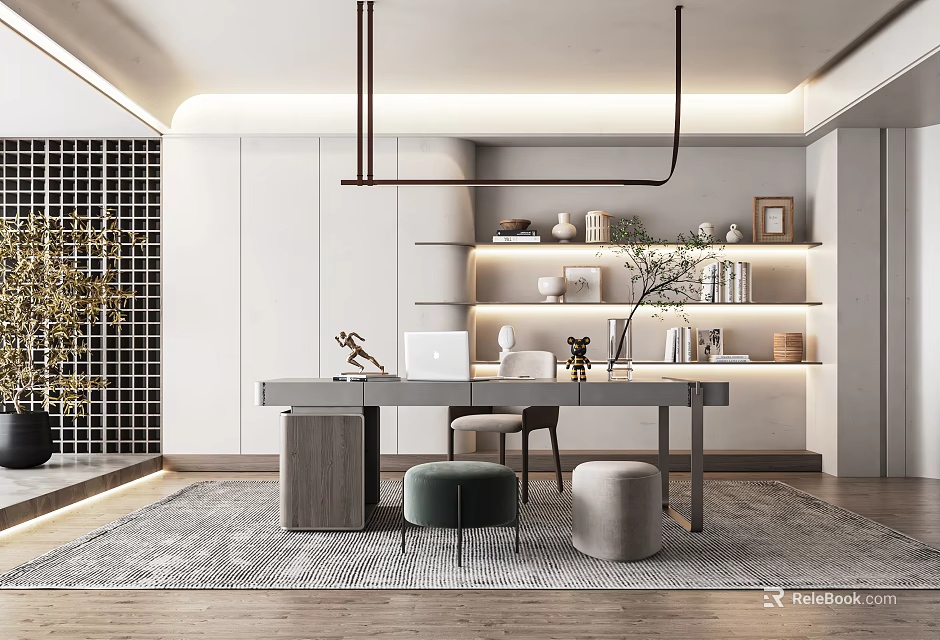 Modern Study Room Interior With Wooden Desk Floating Shelves Potted Plants And Pendant Lights 3d model 