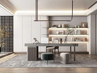 Modern Study Desk and Chair Writing Desk Bookcase Leisure Chair Chandelier Decorative Cabinet 3d model