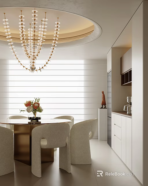 Elegant Dining Living Room Interior With Chandelier White Blinds Dining Table Chairs Flowers And Cabinets 3d model 