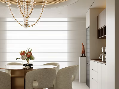 Elegant Dining Living Room Interior With Chandelier White Blinds Dining Table Chairs Flowers And Cabinets 3d model
