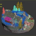 Miniature Cottage Scene With Pine Trees Winding Path Flowing Stream On Circular Stone Base