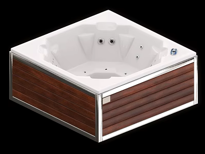 Square Bathtub With White Interior Wooden Side Panels Metal Trim And Massage Jets 3d model
