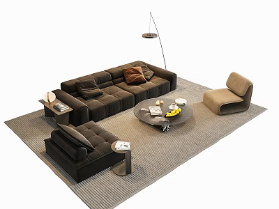 Modern Dark Sofa and Coffee Table Set with Round Table and Accent Chair 3d model