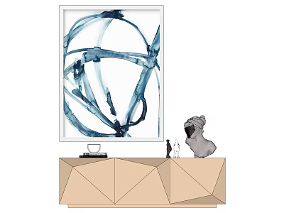 Abstract Blue White Painting Above Geometric Cabinet With Dog Sculpture 3d model
