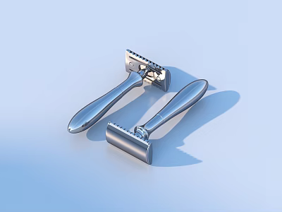 Two Silver Manual Razors With Metal Handles And Blade Parts On Blue Background 3d model