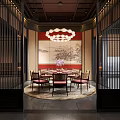 Traditional Chinese Style Private Dining Room With Round Table Chandelier Landscape Painting And Lattice Doors