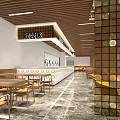 Modern Restaurant Interior With Wooden Ceiling Yellow Chairs Marble Floor Wall Tiles And Pendant Lights