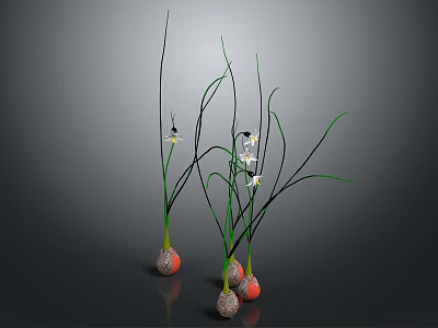Leafy Plants With Slender Green Leaves White Flowers In Textured Spherical Pots On Gray Background 3d model
