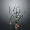 Leafy Plants With Slender Green Leaves White Flowers In Textured Spherical Pots On Gray Background