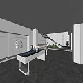 Modern Clothing Store Interior With Blue Lit Display Counter Staircase And Plants
