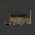 European Style Blacksmith Shop Building With Green Roof Wooden Crates And Power Poles