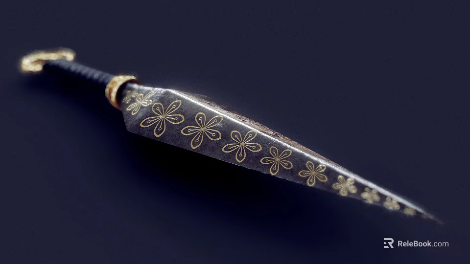Ornate Dagger With Golden Clover Patterns On Blade And Black Handle With Gold Decorations 3d model 