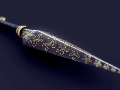 Ornate Dagger With Golden Clover Patterns On Blade And Black Handle With Gold Decorations 3d model