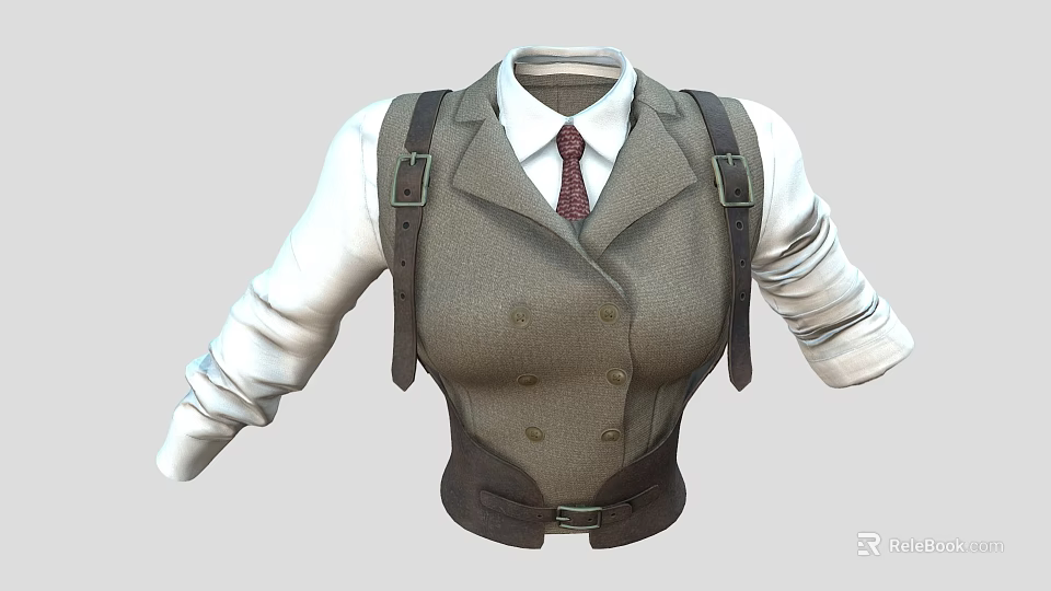 Men's Stylish Attire Featuring Double Breasted Vest White Shirt Red Tie And Leather Suspenders 3d model 