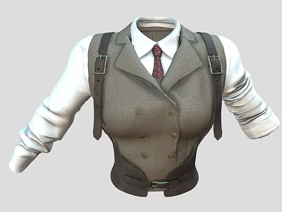 Men's Stylish Attire Featuring Double Breasted Vest White Shirt Red Tie And Leather Suspenders 3d model