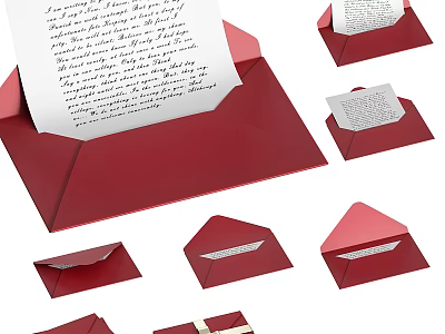 Red Envelopes And Letter Papers Decorative Ornament Set With Open Closed Designs And Ribbon Accents 3d model