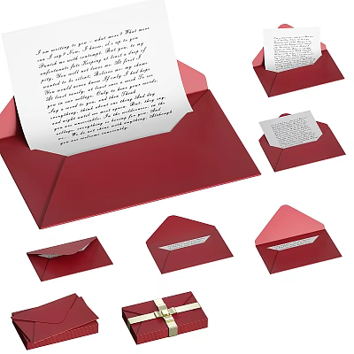 Red Envelopes And Letter Papers Decorative Ornament Set With Open Closed Designs And Ribbon Accents 3d model