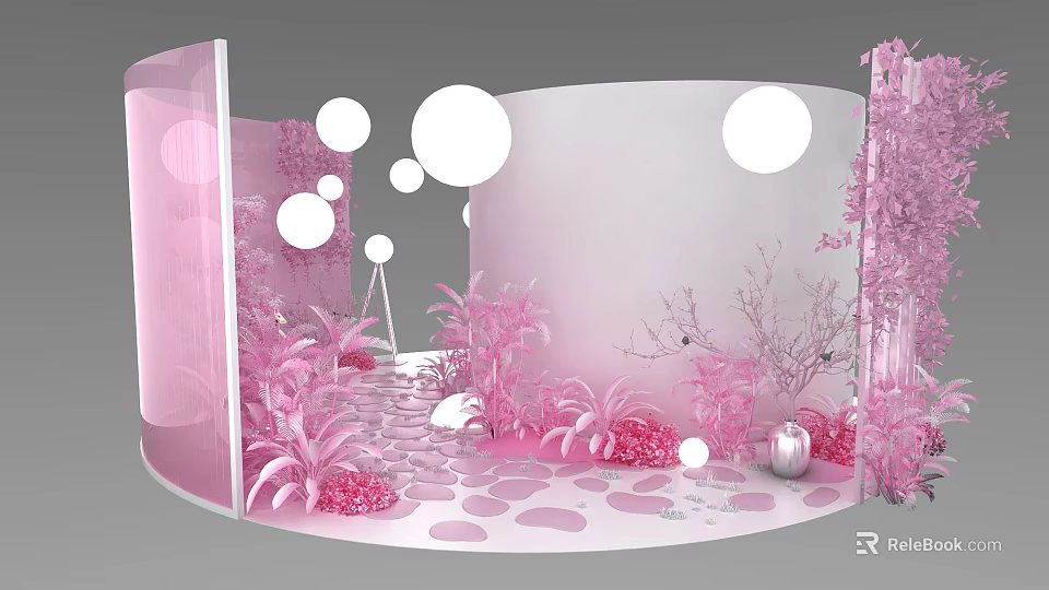 Elegant Pink Decorative Interior With Circular Decorations Plants Transparent Partitions And Floor Patterns 3d model