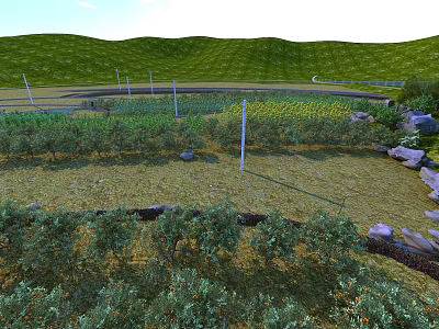 Durable Outdoor Swing Door Design For Garden Entrance With Green Hills And Trees 3d model