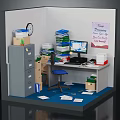 Cluttered Office Desk Workspace With Stacks Of Papers Computer Monitor Filing Cabinet And Wall Clock