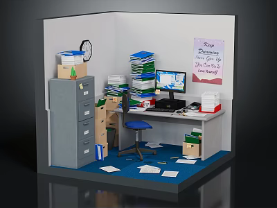 Cluttered Office Desk Workspace With Stacks Of Papers Computer Monitor Filing Cabinet And Wall Clock 3d model