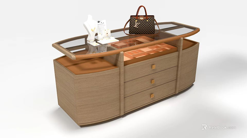 Luxury Island Display Cabinet with Glass Top Wooden Drawers Showcasing Handbag Phone Model Mannequin Hand 3d model 