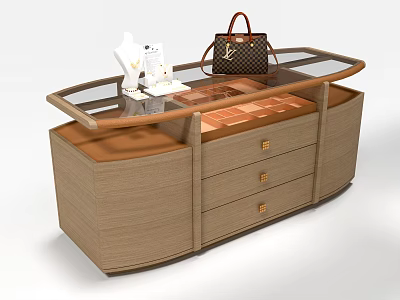 Luxury Island Display Cabinet with Glass Top Wooden Drawers Showcasing Handbag Phone Model Mannequin Hand 3d model