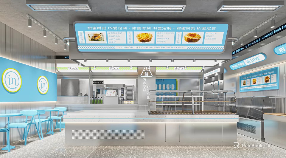 Bright Modern Dessert Shop Interior With Display Counter Menu Board And Cozy Seating 3d model 