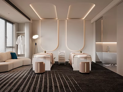 Elegant Modern SPA Sauna Interior With Massage Beds Relaxation Sofa And Warm Lighting 3d model