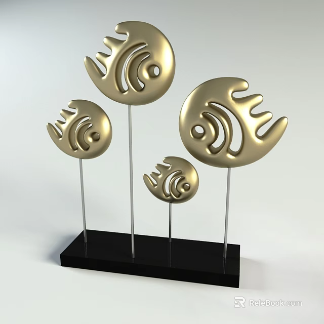 Golden Fish Shaped Decorative Figurine Set With Multiple Sizes And Black Base Metal Stands 3d model 