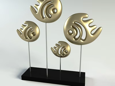Golden Fish Shaped Decorative Figurine Set With Multiple Sizes And Black Base Metal Stands 3d model