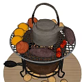 Assorted Grilled Foods With Sweet Potatoes Lemons Chilies Peanuts On Round Metal Grill And Tongs