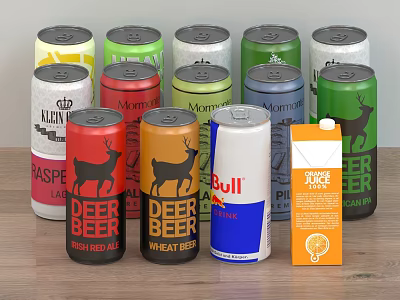 Assorted Beverage Cans Featuring Beer Energy Drink And Fruit Juice In Various Colors 3d model