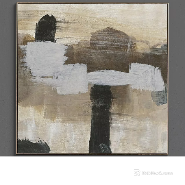 Abstract Oil Painting With Beige White Black Brown Irregular Color Blocks And Modern Brushstrokes 3d model 