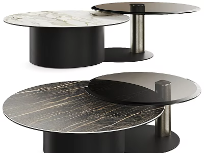Modern Nested Round Coffee Tables With Marble Tops Black Bases And Metal Stands 3d model