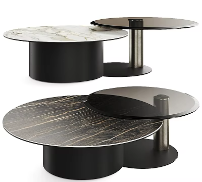 Modern Nested Round Coffee Tables With Marble Tops Black Bases And Metal Stands 3d model