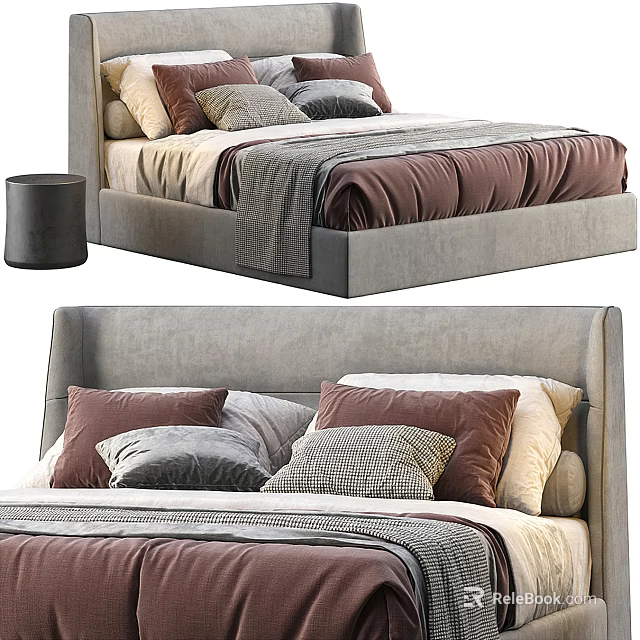 Cozy Upholstered Gray Double Bed With Brown Gray Beige Pillows And Textured Blanket 3d model 