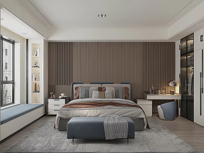 Modern Bedroom with Wooden Wall Paneling Comfortable Bed Nightstands Dressing Table Window Seat and Rug 3d model