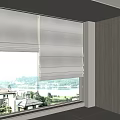 Gray Roman Blinds Mounted On Window With Lake View And Trees Outside Wooden Wall
