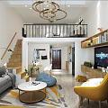 Modern Apartment Living Room With Gray Sofa Orange Chair Wooden Bookshelf Large Windows And Chandelier