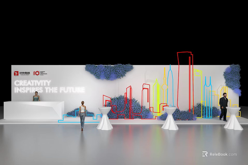 Seawit Inspire The Future Event With Colorful Skyline White Tables And People 3d model 