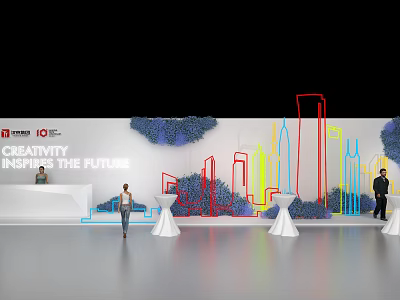 Seawit Inspire The Future Event With Colorful Skyline White Tables And People 3d model