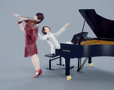 Two People Performing With Violin And Grand Piano 3d model
