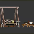 Outdoor Garden Furniture Set With Pink Swing Picnic Table And Water Fountain