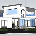 Modern Vacation Home With White Exterior Large Windows Arched Design Palm Trees And Stone Pathway