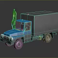 Blue Truck With Gray Cargo Box And Worker In Yellow Vest