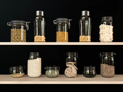 Glass Spice Jars with Metal Lids Holding Various Ingredients on Wooden Shelves Against Black Background 3d model