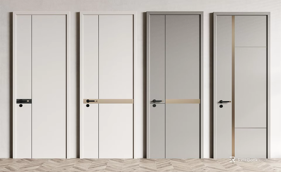 Modern Hinged Doors With White Gray Finish And Metal Strips Black Handles 3d model 