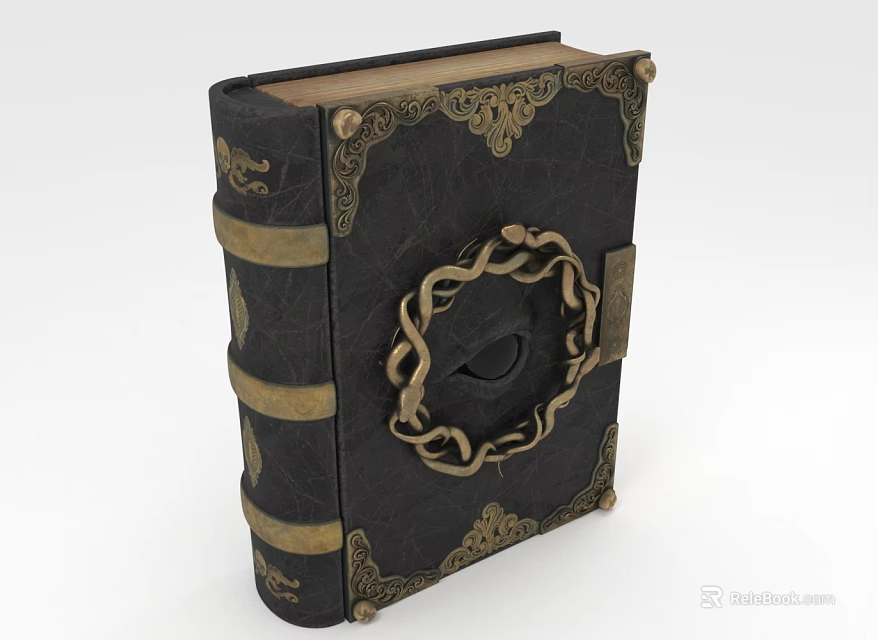 Antique Book With Black Cover Golden Circular Ornament And Decorative Bands 3d model 