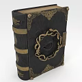 Antique Book With Black Cover Golden Circular Ornament And Decorative Bands